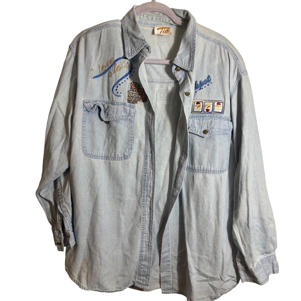 Vintage Tia Designs 'Jackpot' Vegas Embroidered Denim Button Down Size L - Picture 1 of 7